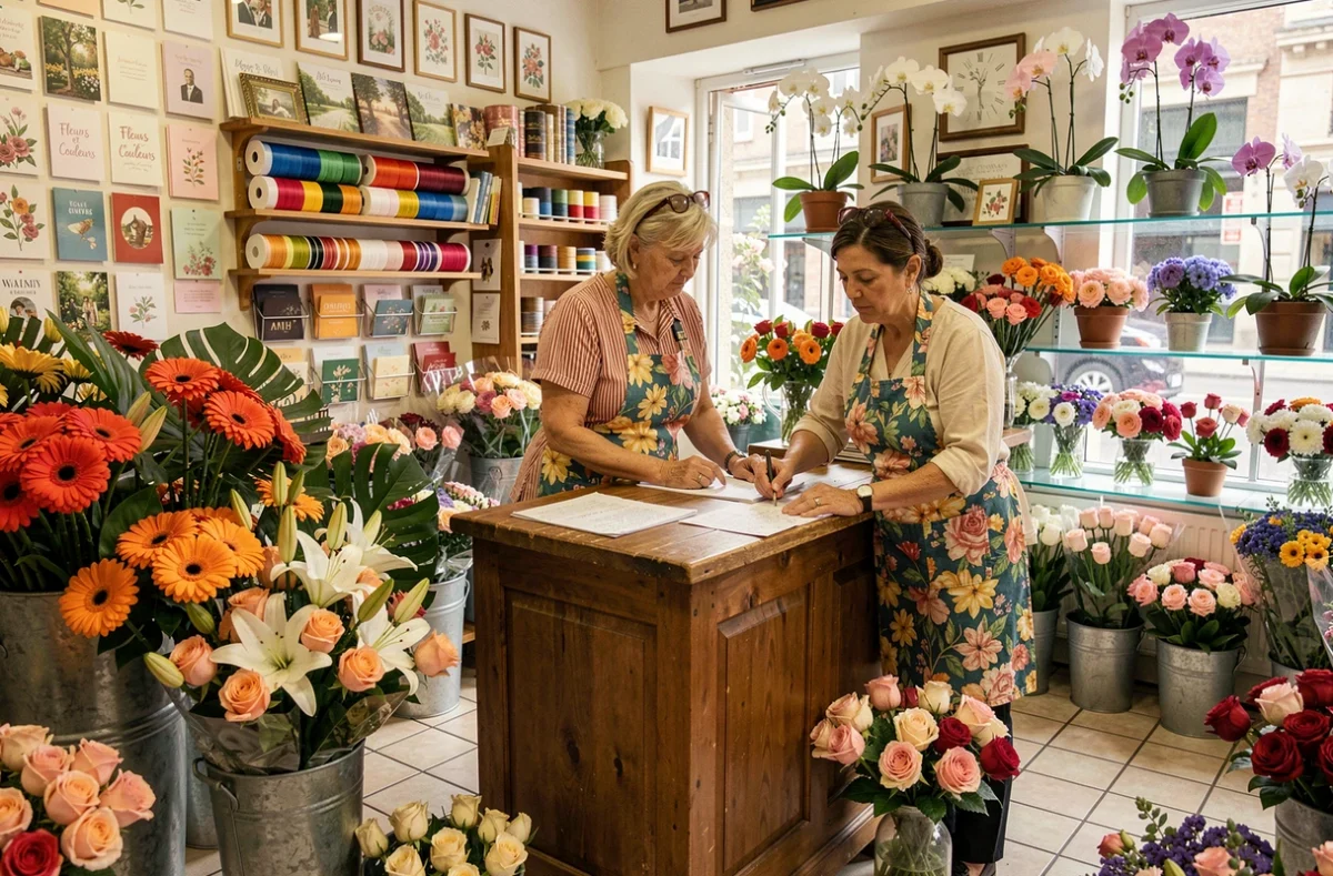 Intérieur de la boutique Fleurs et Couleurs avec une floraliste consultant ses notes de commandes entourée de bouquets de gerberas, lys et roses et de plantes en pot