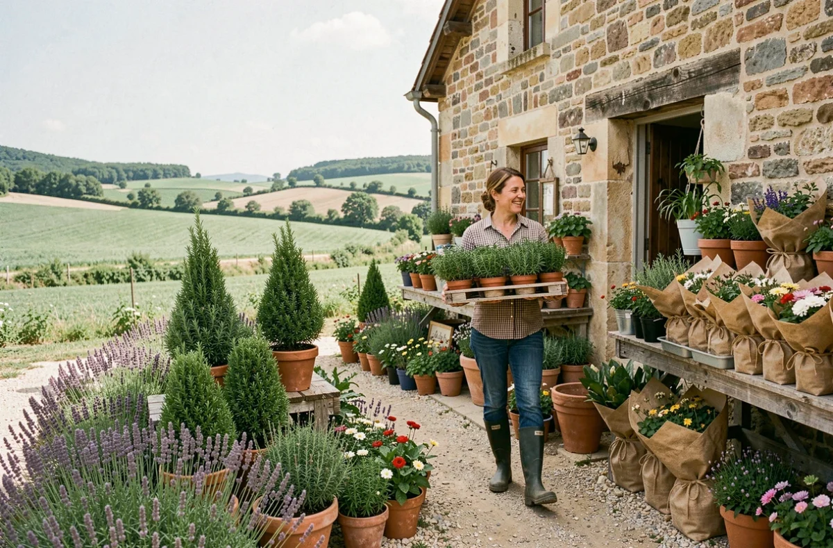 Boutique Florajet à Cabanac-Cazaux avec une floraliste portant des herbes en pot vers un étalage de lavande et de bouquets rustiques devant une ferme en pierre et la campagne de Haute-Garonne