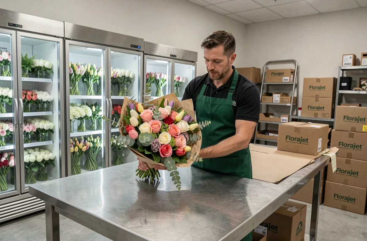 Fleuriste Florajet à Quint-Fonsegrives préparant un bouquet de roses et de tulipes emballé dans du papier kraft dans une salle de préparation professionnelle avec stockage réfrigéré de fleurs coupées