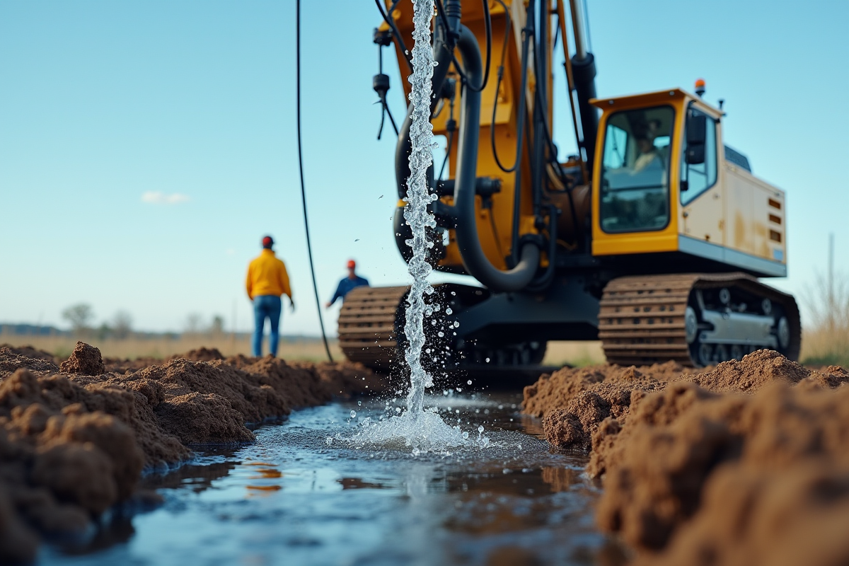 Machine de forage en action avec eau jaillissante et techniciens
