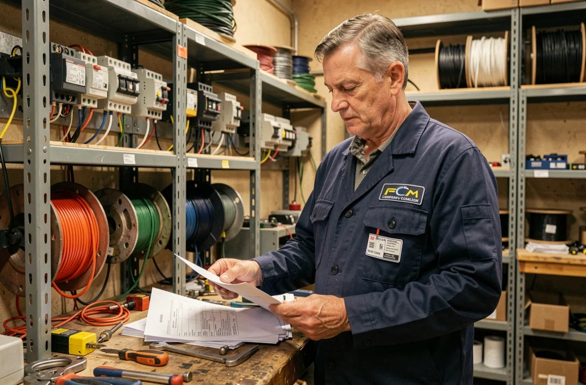 Électricien de l'entreprise Fournier dans un atelier bien équipé, consultant des documents techniques