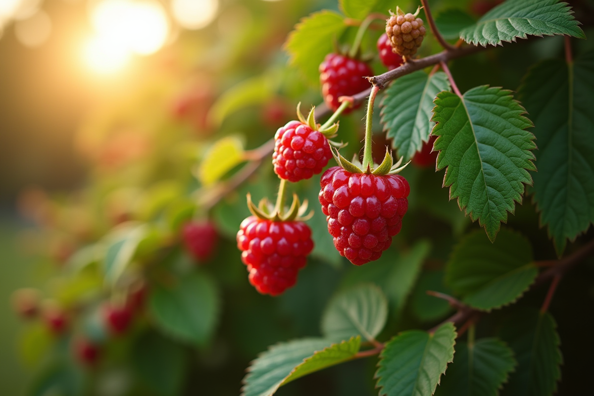Raspberry bush avec baies mûres et feuillage luxuriant