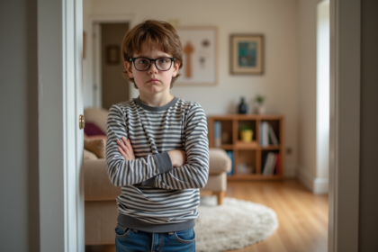 Garçon de 7 ans avec lunettes dans un salon moderne