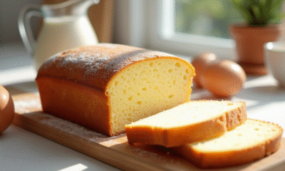 Gâteau éponge nature tranché sur planche en bois