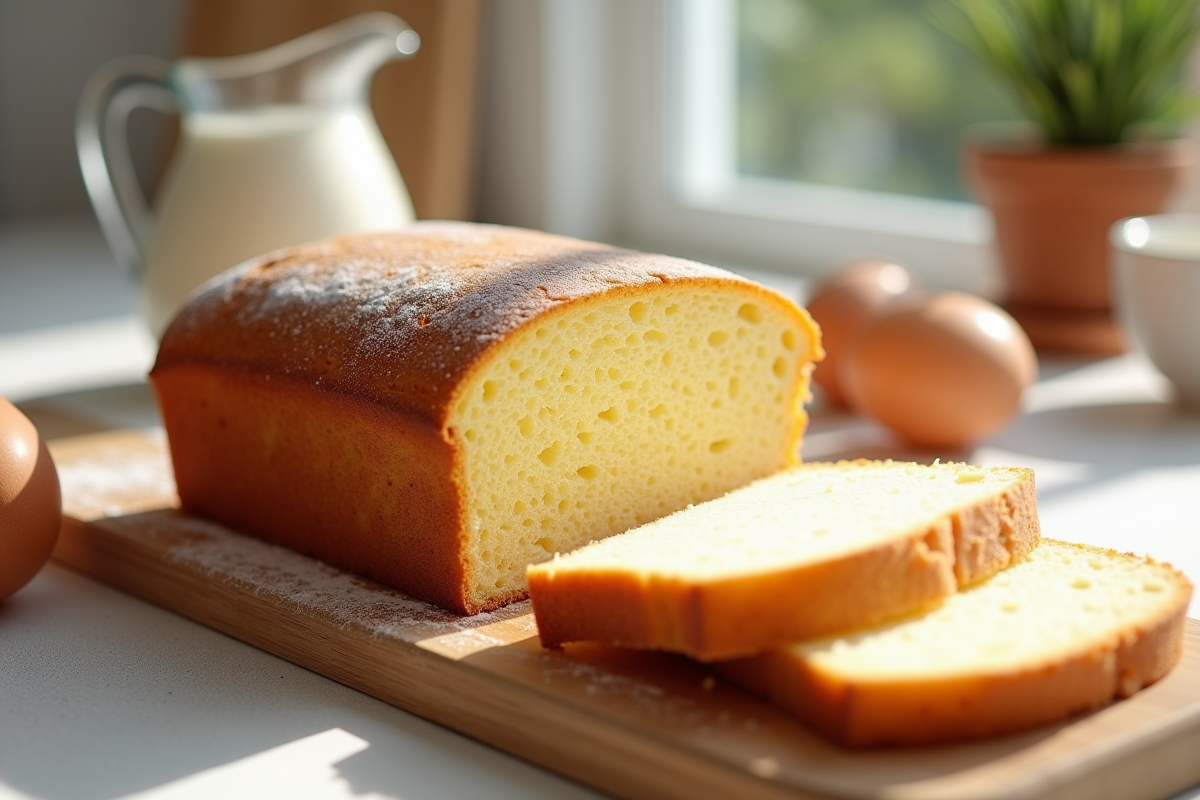 Gâteau éponge nature tranché sur planche en bois