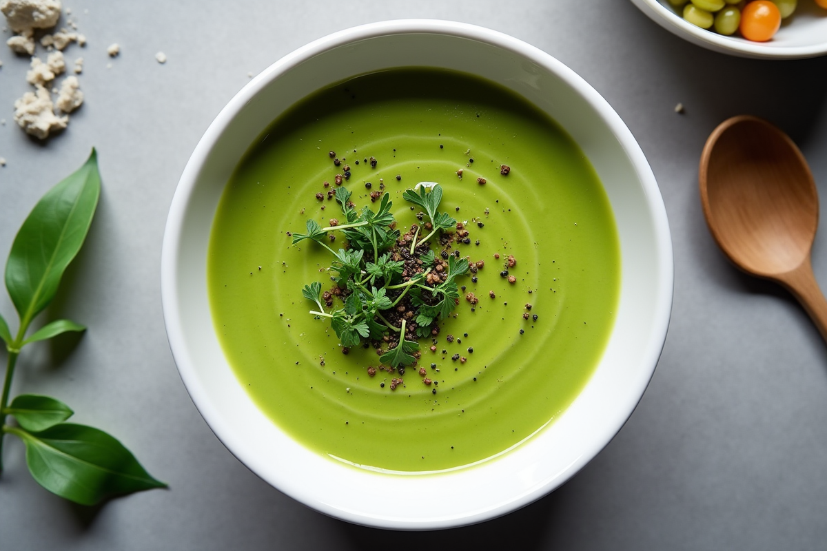 Gazpacho de courgette vert dans une cuisine moderne