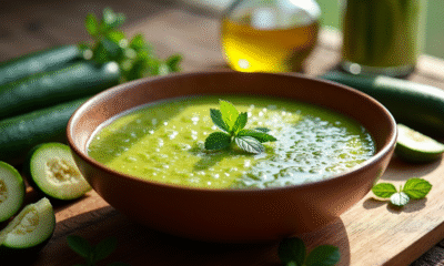 Soupe de courgette fraîche dans un bol rustique avec herbes