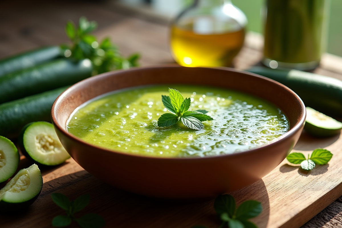 Soupe de courgette fraîche dans un bol rustique avec herbes