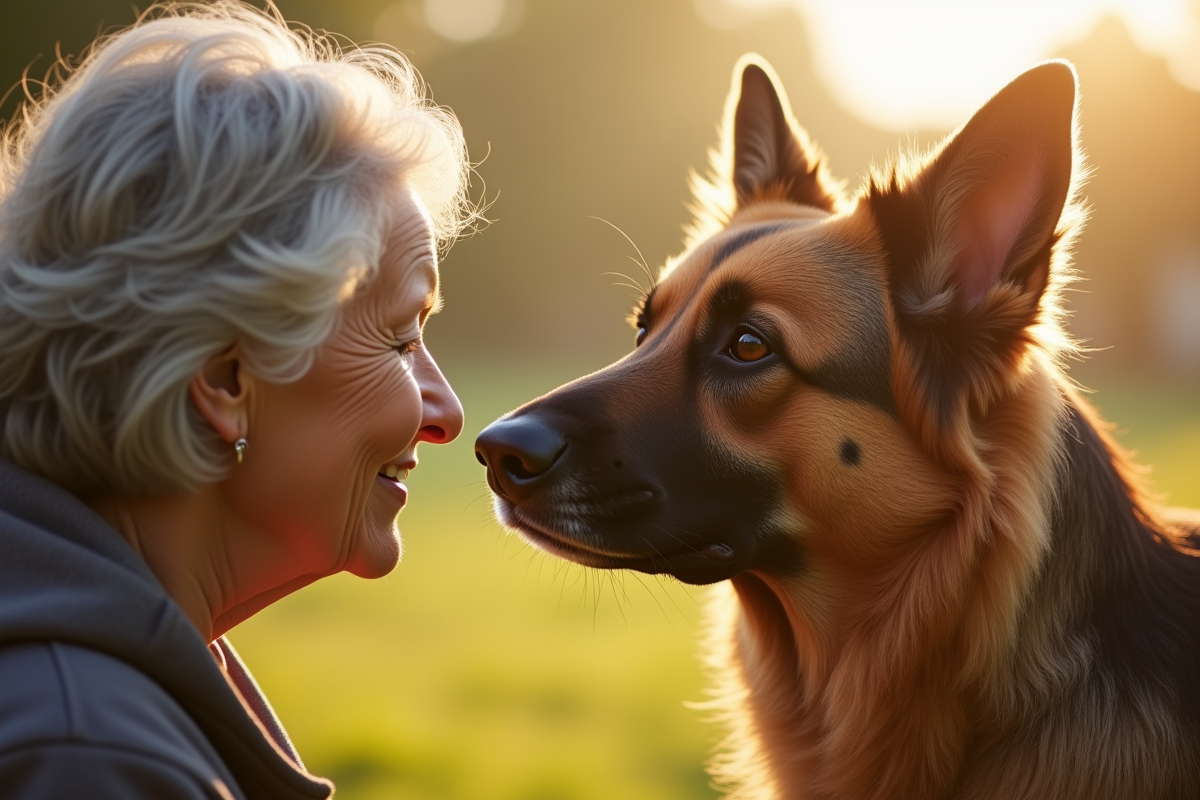 Chien allemand interagissant avec une personne agee en plein air