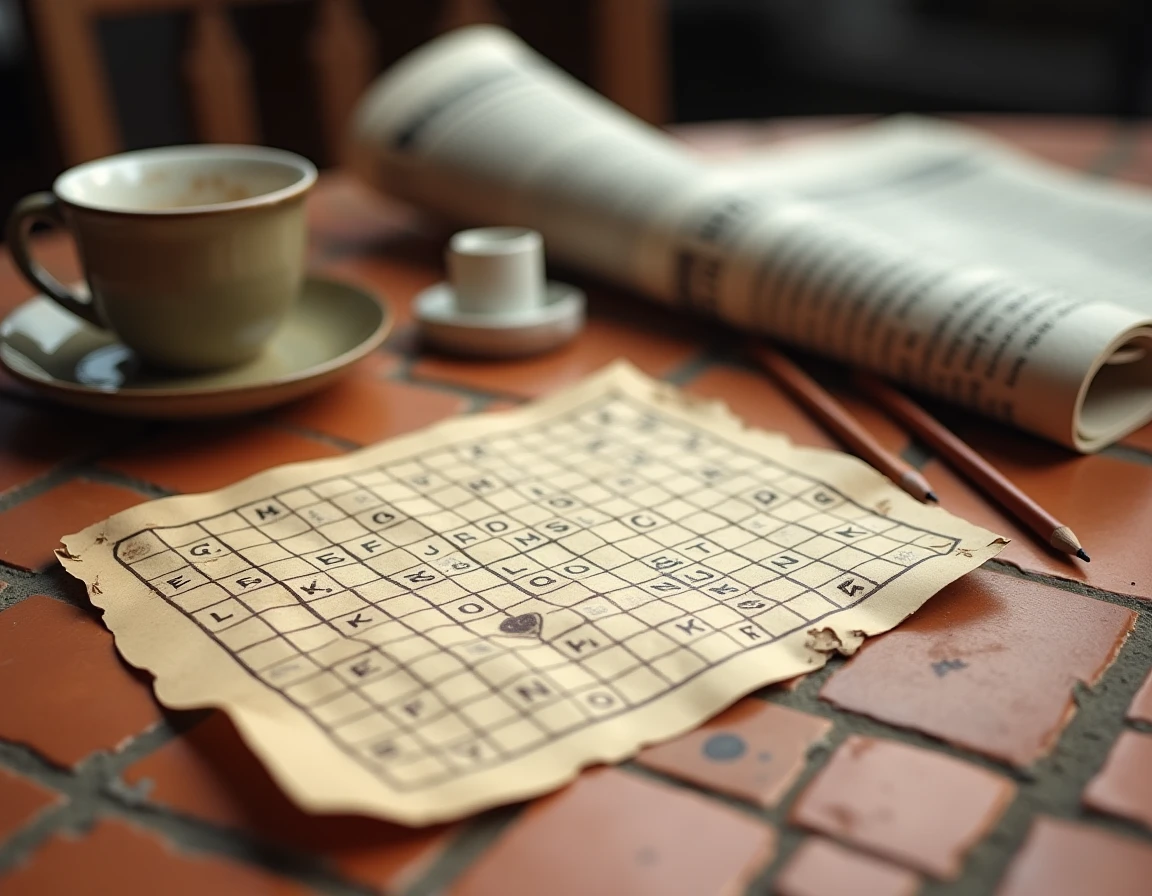Grille de mots croisés posée sur une table de café italien avec un espresso, représentant la recherche de villes italiennes en 4 lettres