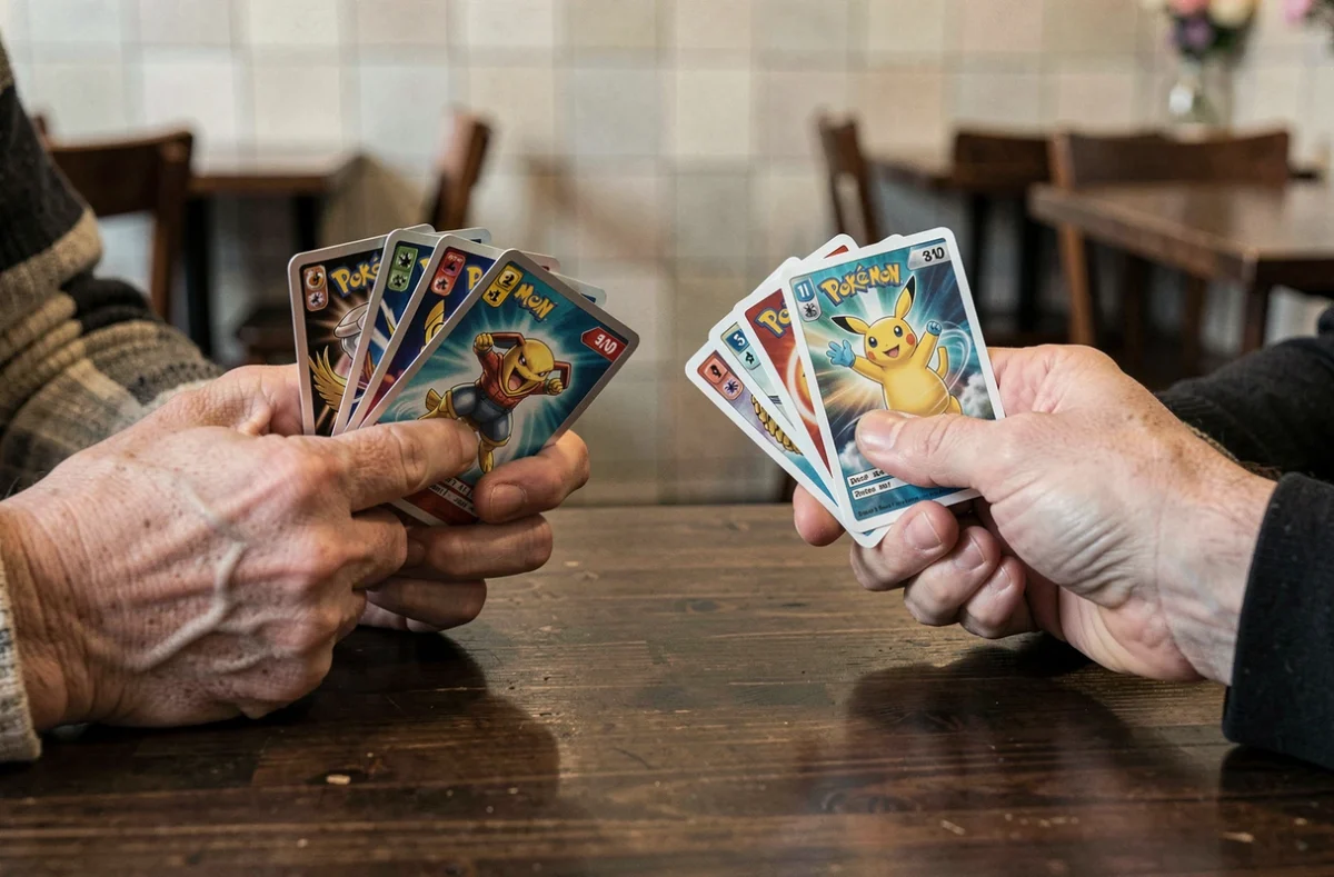 Gros plan sur des mains de joueurs tenant des cartes Pokémon Aventure Ensemble lors d'un duel de JCC dans un café