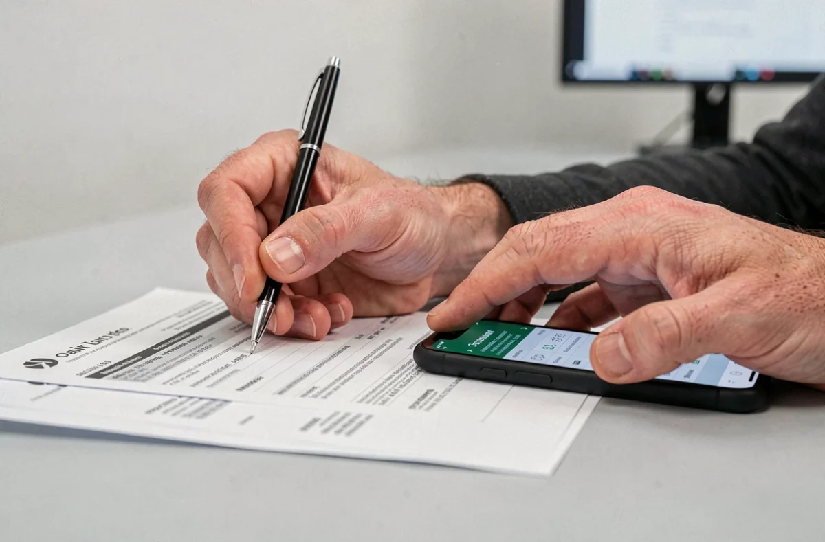 Gros plan sur les mains d'un employé vérifiant le calcul des heures en centièmes sur un bulletin de salaire imprimé
