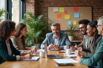 Groupe de professionnels en réunion collaborative en intérieur