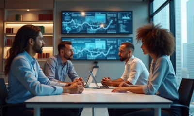 Groupe de quatre adultes en réunion dans un bureau moderne