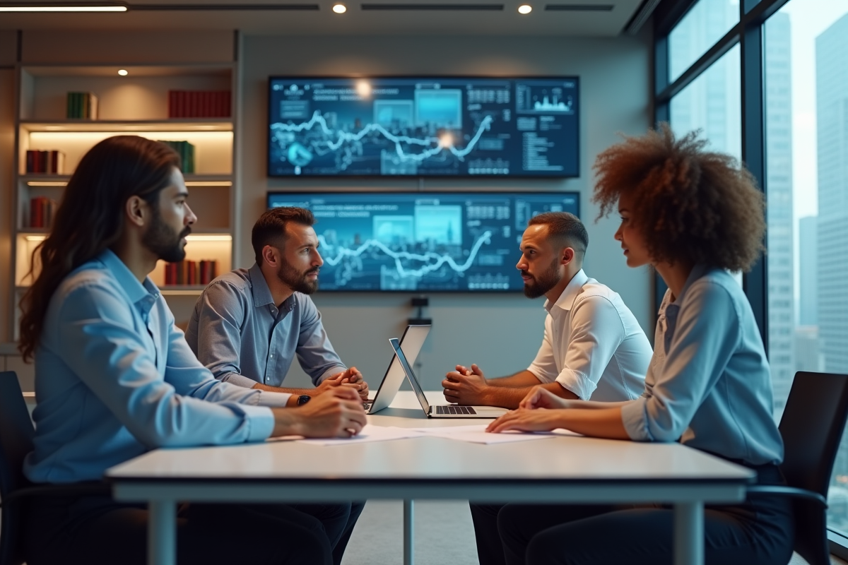 Groupe de quatre adultes en réunion dans un bureau moderne