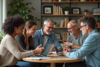 Groupe d'adultes en discussion dans un salon convivial
