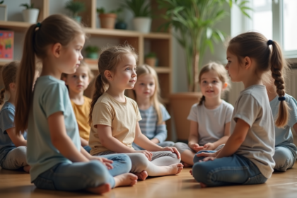 Enfants assis en cercle dans une classe pour une activité de pleine conscience