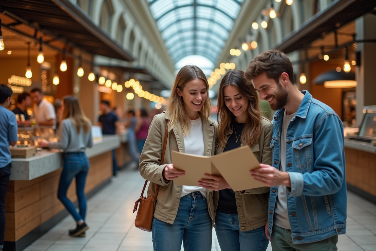 Groupe d amis dégustant menus dans hall alimentaire moderne