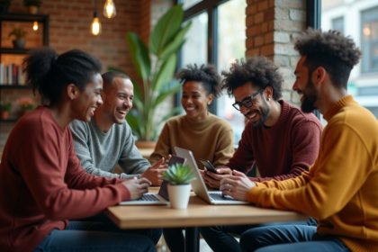Groupe de millennials dans un café urbain convivial
