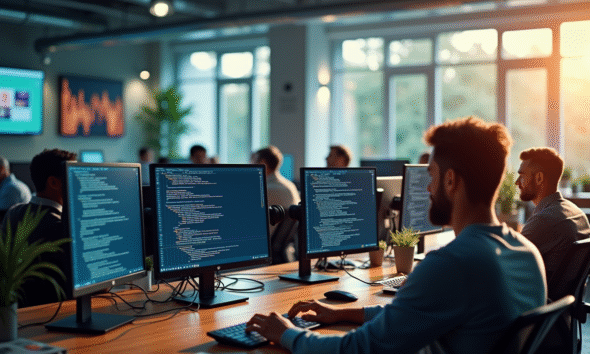 Groupe divers travaillant dans un open space technologique lumineux