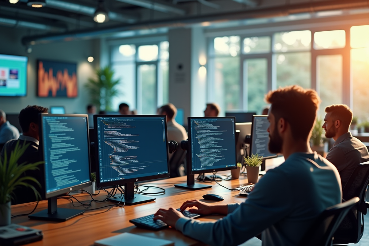 Groupe divers travaillant dans un open space technologique lumineux