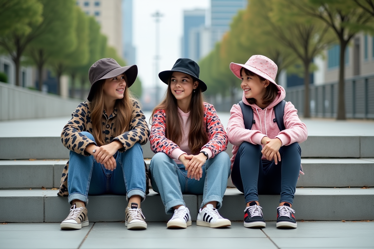 Trois adolescents discutant sur les marches urbaines