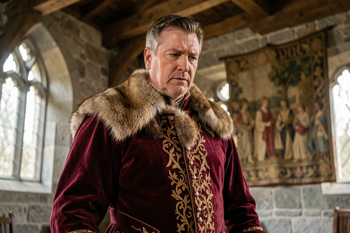 Reconstitution historique d'Henri VIII en costume Tudor dans un château anglais du XVIe siècle