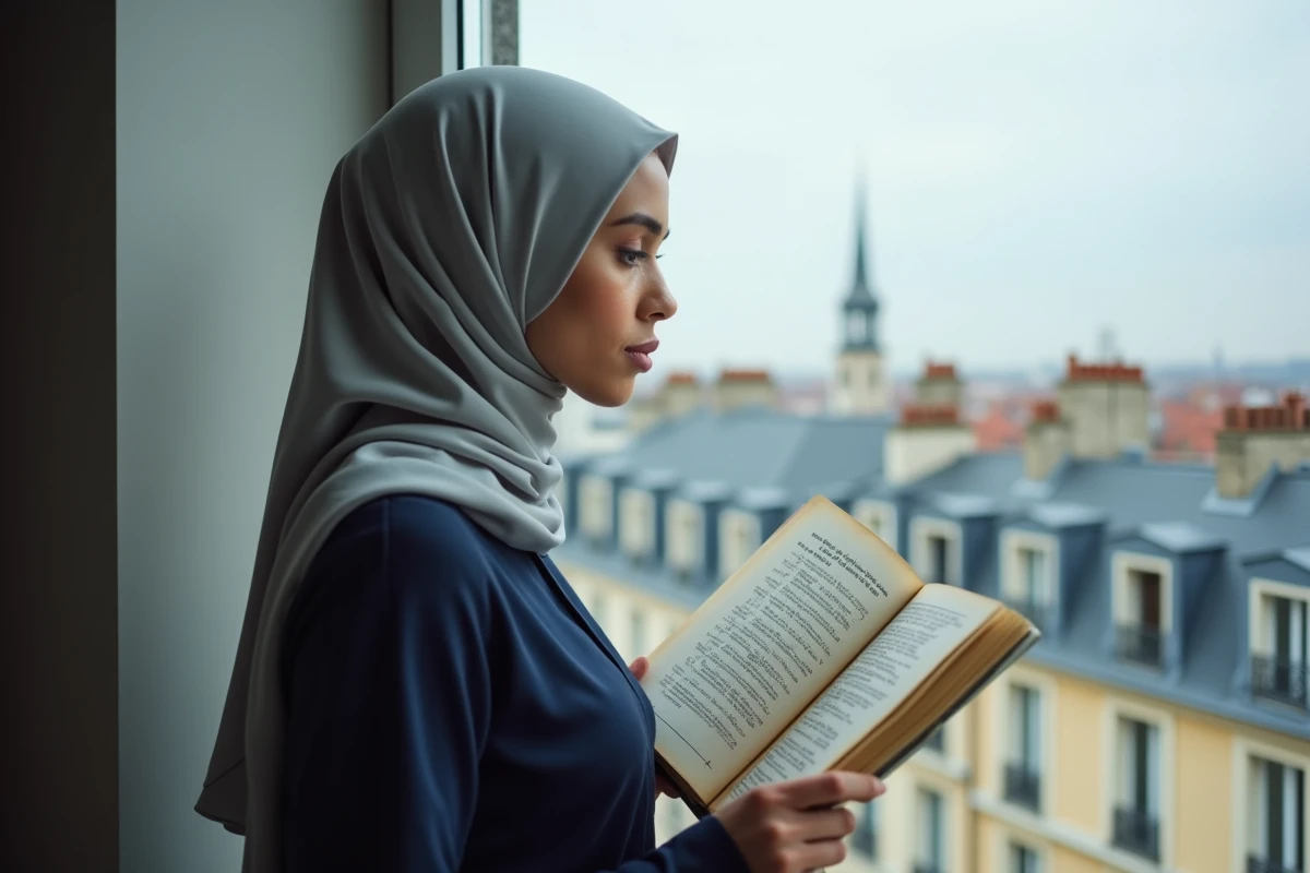 Jeune femme musulmane consultant un calendrier des heures de prière près d'une fenêtre à Compiègne
