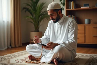 Homme en tenue traditionnelle consultant les heures de prière sur smartphone à Compiègne