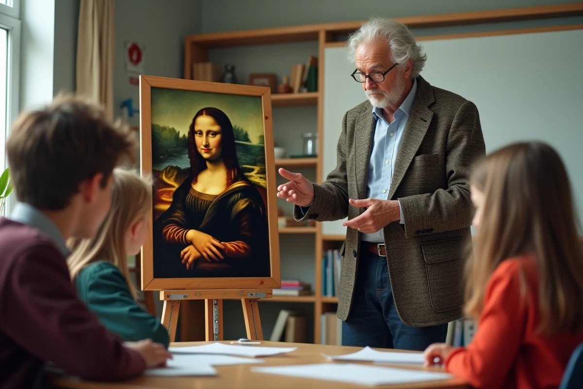 Historien expliquant la Mona Lisa à des enfants en classe
