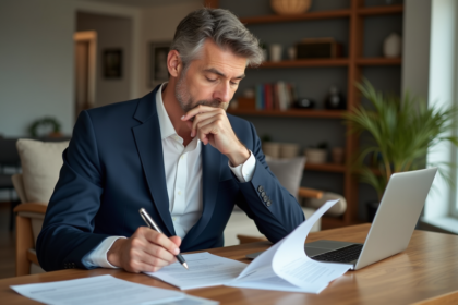 Homme d'affaires en costume bleu examine des documents immobiliers