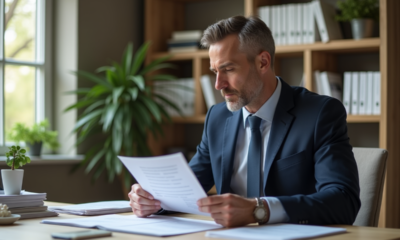 Homme en costume analysant des rapports de location dans un bureau moderne