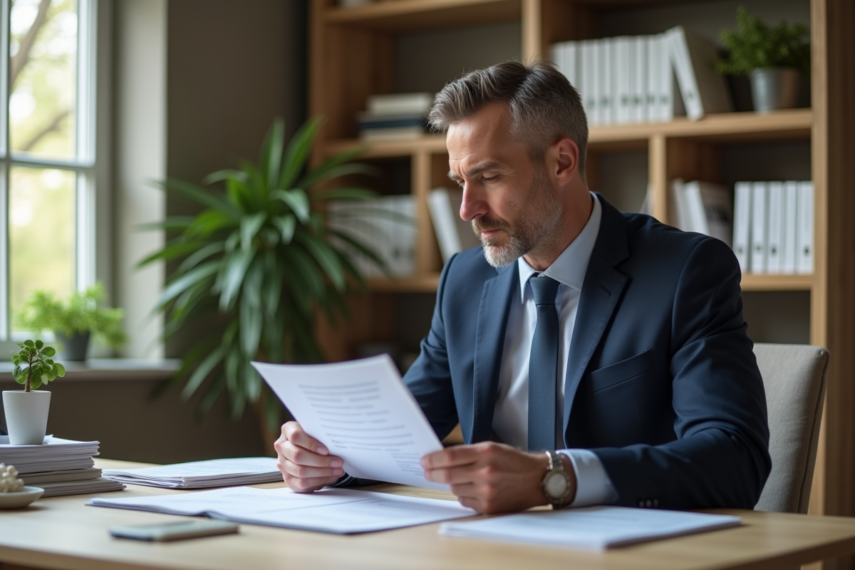 Homme en costume analysant des rapports de location dans un bureau moderne