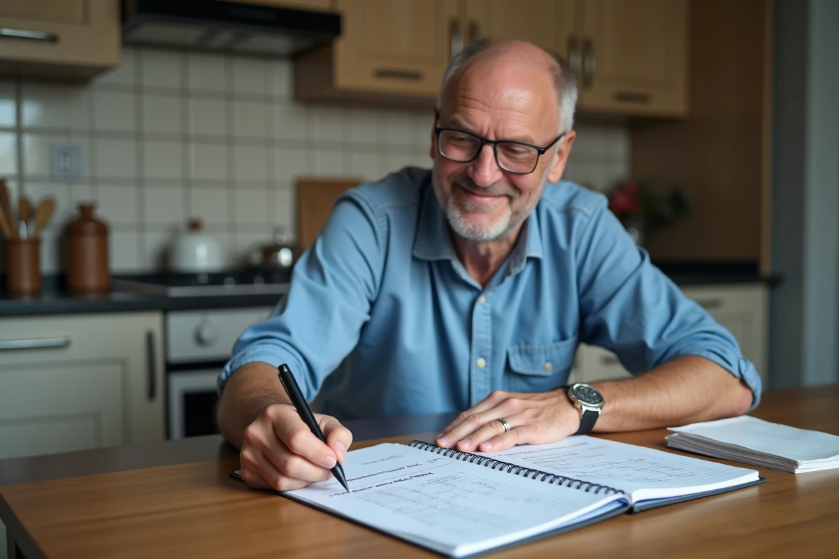 Homme d'âge moyen remplissant un tableau de conversion en cuisine