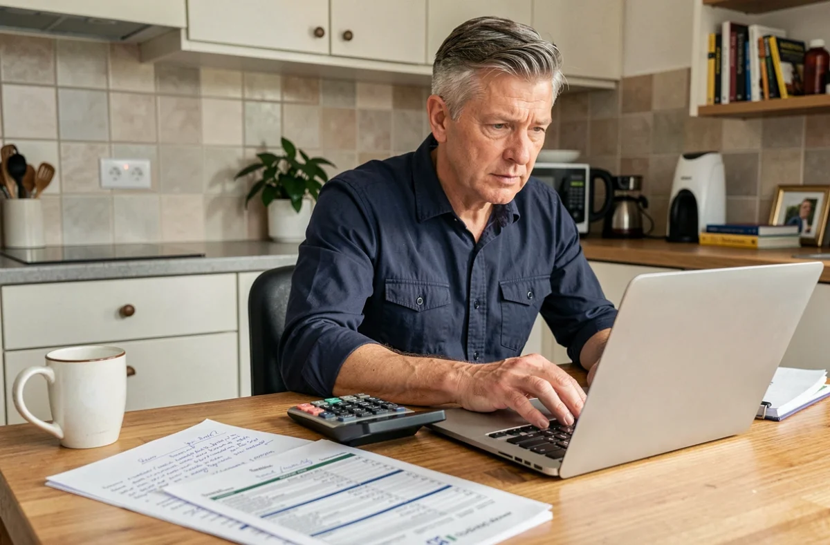 Homme travaillant à domicile avec calculatrice et feuille de temps pour convertir les minutes en centièmes sur sa paie horaire