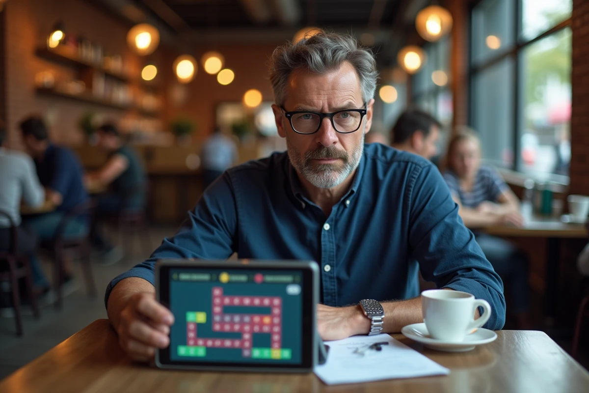 Homme résolvant une énigme Codycross sur tablette dans un café avec un carnet de notes
