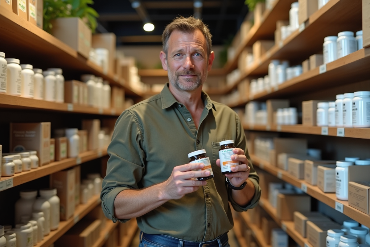 Homme comparant deux bouteilles de compléments alimentaires en magasin