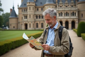 Homme souriant étudiant une carte touristique devant le Palais Idéal