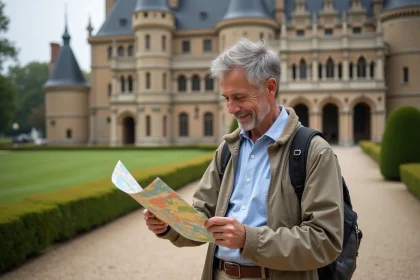 Homme souriant étudiant une carte touristique devant le Palais Idéal