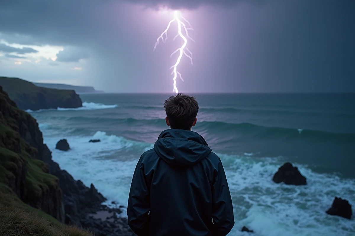 Jeune homme debout sur une falaise rocheuse face à la mer déchaînée sous un éclair frappant l'océan lors d'un orage côtier
