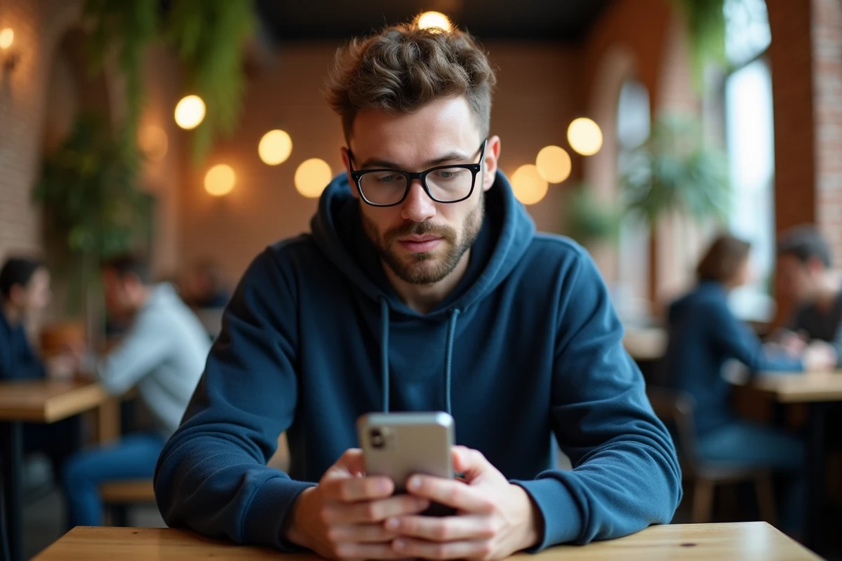 Homme consultant le film du jour sur son smartphone dans un café urbain avec une ambiance décontractée