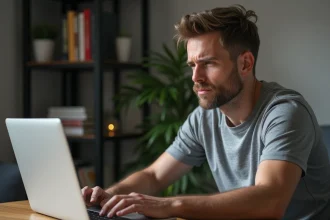 Homme frustré devant son ordinateur portable affichant une erreur de connexion au service Ivrab
