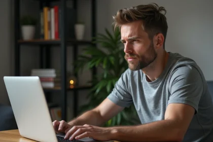 Homme frustré devant son ordinateur portable affichant une erreur de connexion au service Ivrab