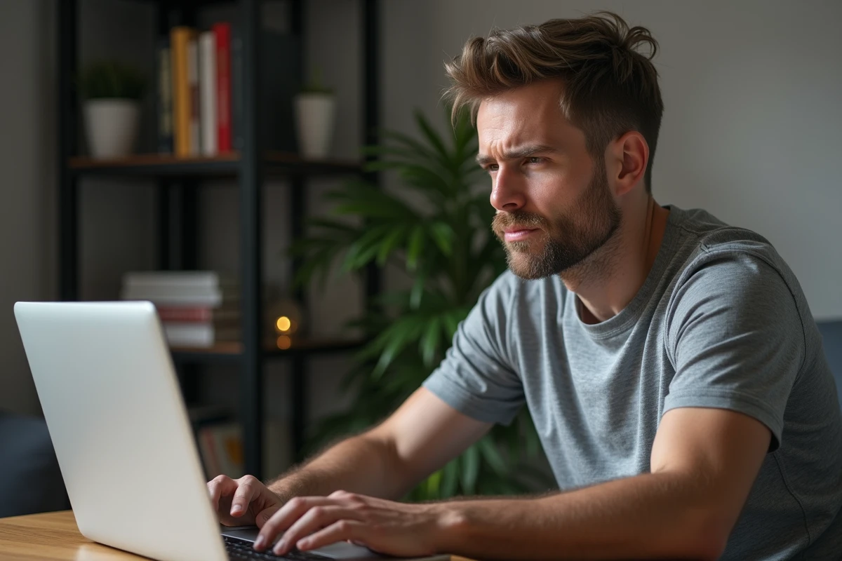 Homme frustré devant son ordinateur portable affichant une erreur de connexion au service Ivrab