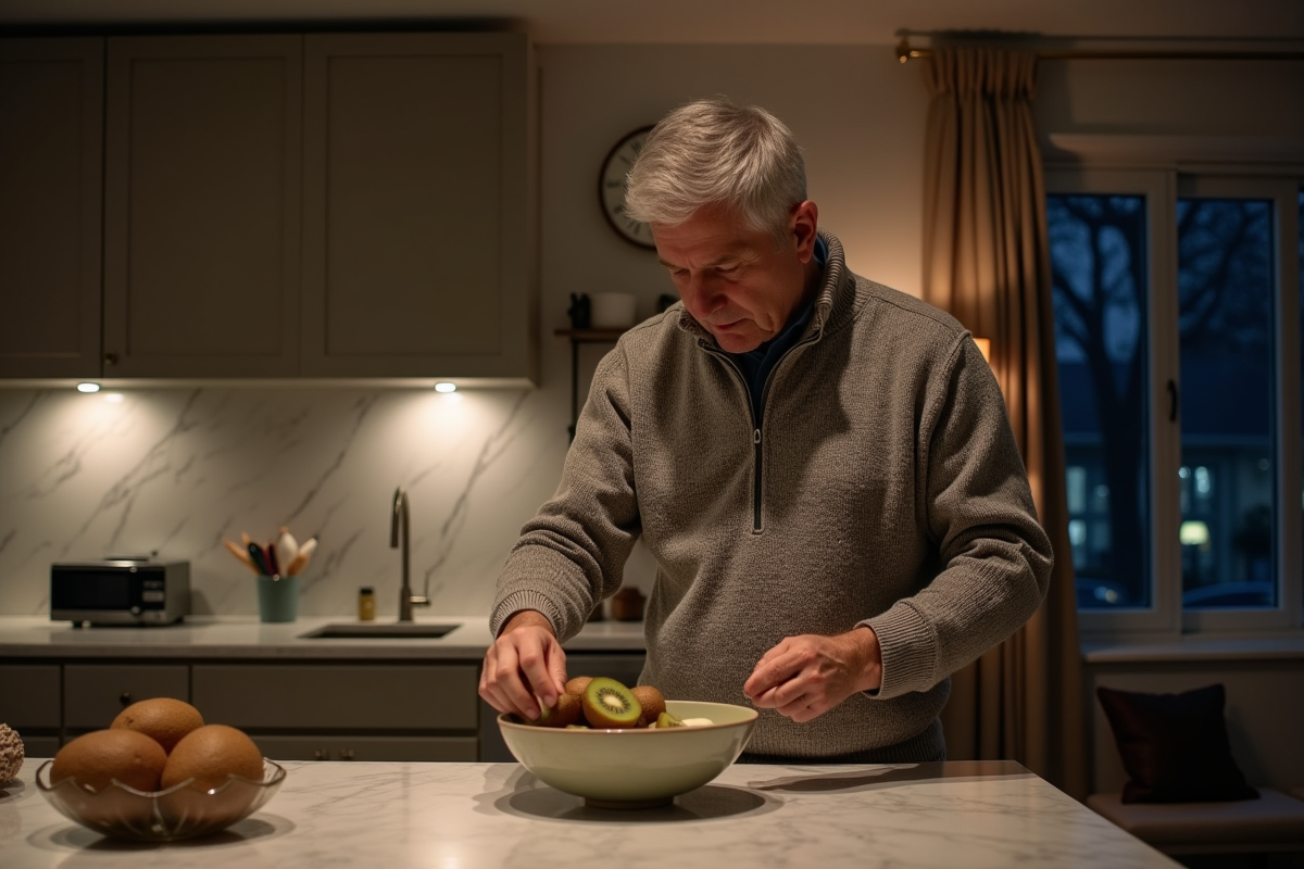 Homme en homewear remettant un kiwi dans un bol de fruits