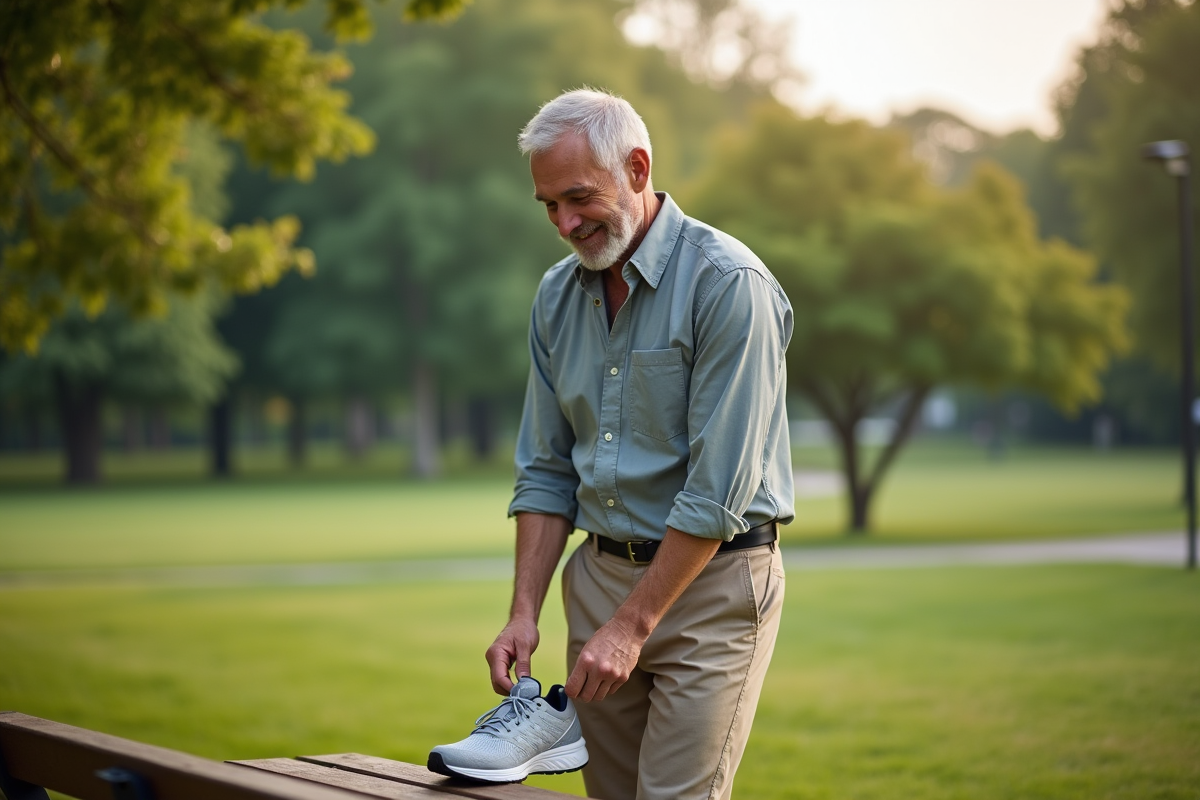 Homme souriant en dehors dans un parc au matin