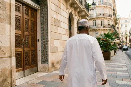 Homme marchant vers une mosquée à Marseille pour la prière du vendredi Joumou'a