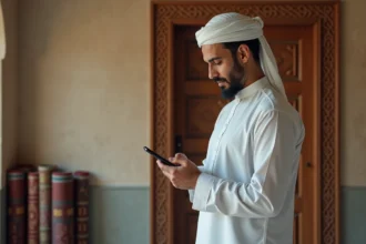Homme musulman en thobe vérifiant une application de prière