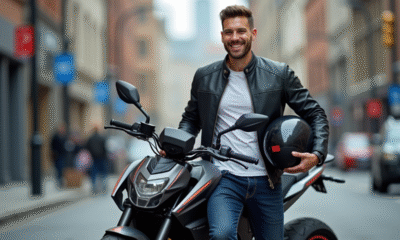 Homme souriant avec casque et veste en ville près d'un quad