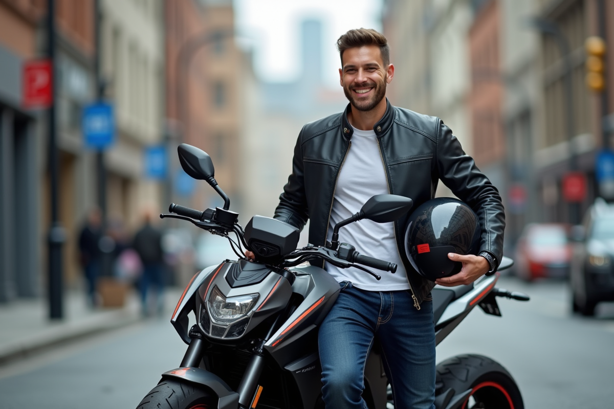 Homme souriant avec casque et veste en ville près d'un quad